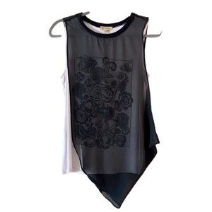 DEMOCRACY White Floral Tank Sheer Black Overlay